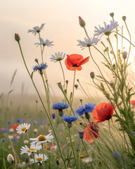 Obraz premium Wild Meadow Flowers – daisies, cornflowers, poppies scattered on a light background 