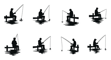 Set of distinct black silhouettes of anglers sitting on wooden docks fishing with rods and casting lines into the water silhouette