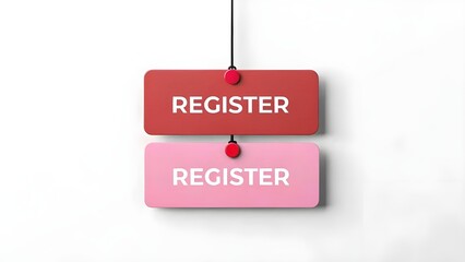 Register Buttons in Red and Pink Hanging on a String for Sign Up