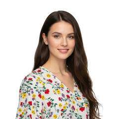 Smiling woman in floral dress isolated on transparent background