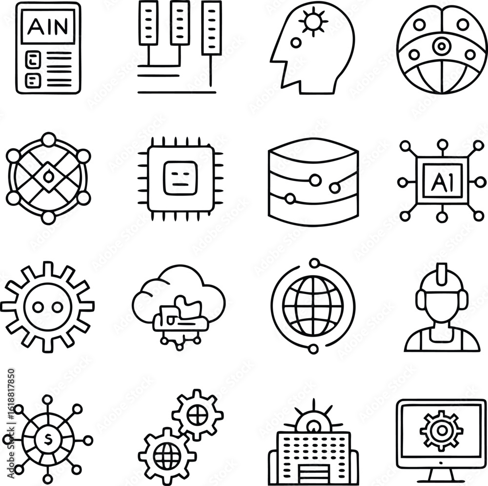 Poster ai and tech icons: a collection of minimalist monochrome line icons symbolizing artificial intellige