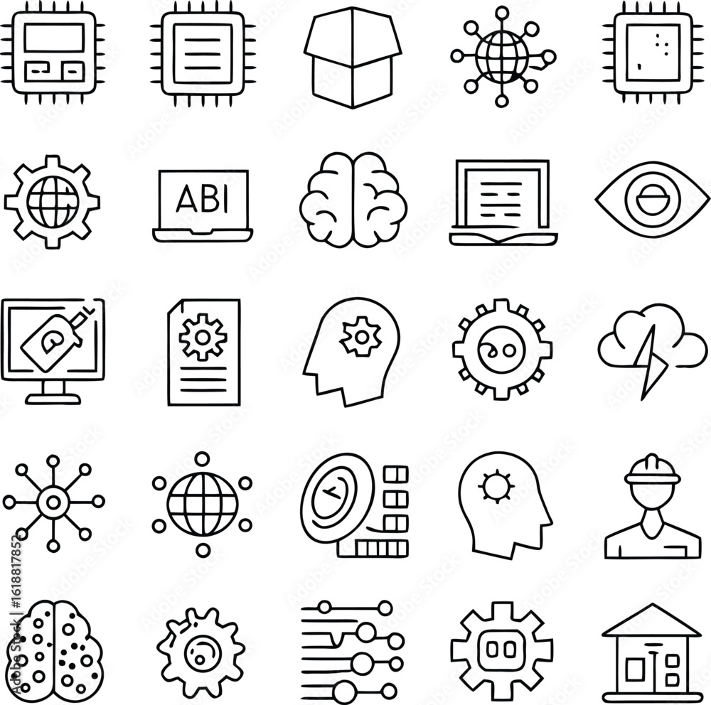 Poster technology icon array: a collection of intricate, monochromatic icons representing various aspects o