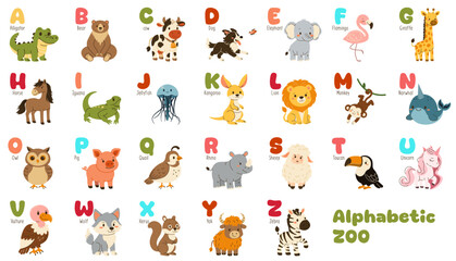 Cute cartoon illustration of an alphabetic zoo with animals for each letter from A to Z, ideal for kids' education, nursery decor, and learning resources