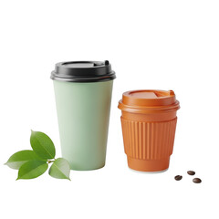Two coffee cups with leaves and beans isolated on transparent background