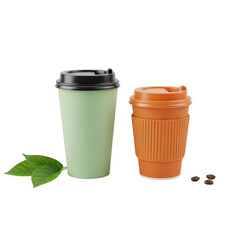 Two coffee cups with coffee beans and leaf isolated on transparent background
