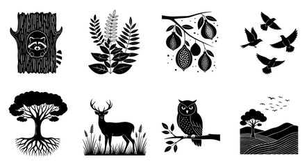Set of distinct black and white nature themed illustrations in a striking silhouette style featuring trees plants birds deer and owl