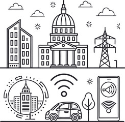 Smart City Concept Illustration: A monochromatic illustration depicts the essence of a smart city, showcasing interconnected infrastructure, including buildings, power lines, and smart communication.