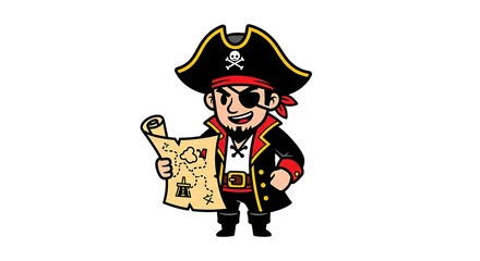 Cartoon pirate holding map treasure hunt illustration on transparent background