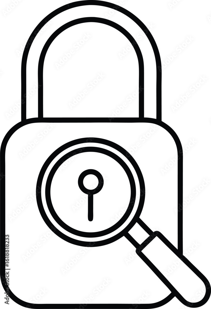 Poster minimal line icon of a padlock with magnifying glass isolated on transparent background
