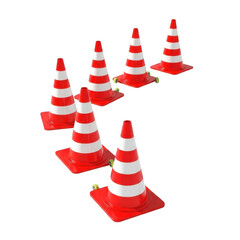 Several red and white traffic cones isolated on transparent background