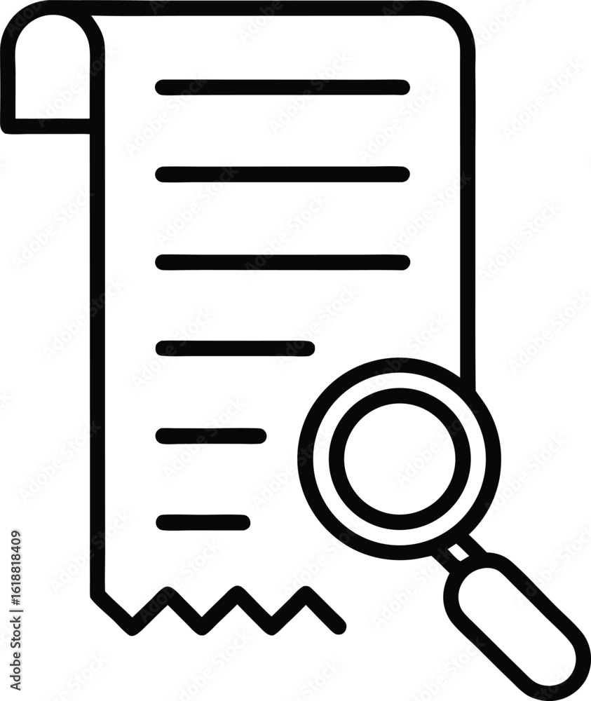 Poster minimal line icon of a receipt with a magnifying glass isolated on transparent background