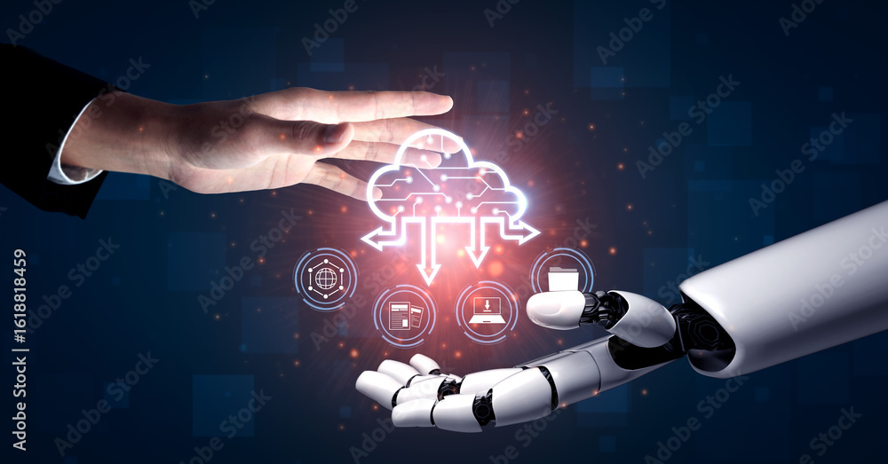 Poster ai artificial intelligence optimizes cloud infrastructure with virtual assistants and intelligent au