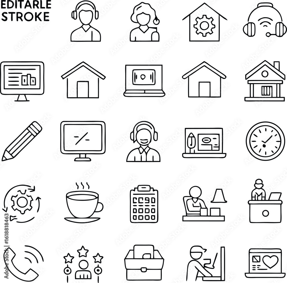 Poster collection of work from home icons: a comprehensive collection of line-art icons, representing vario