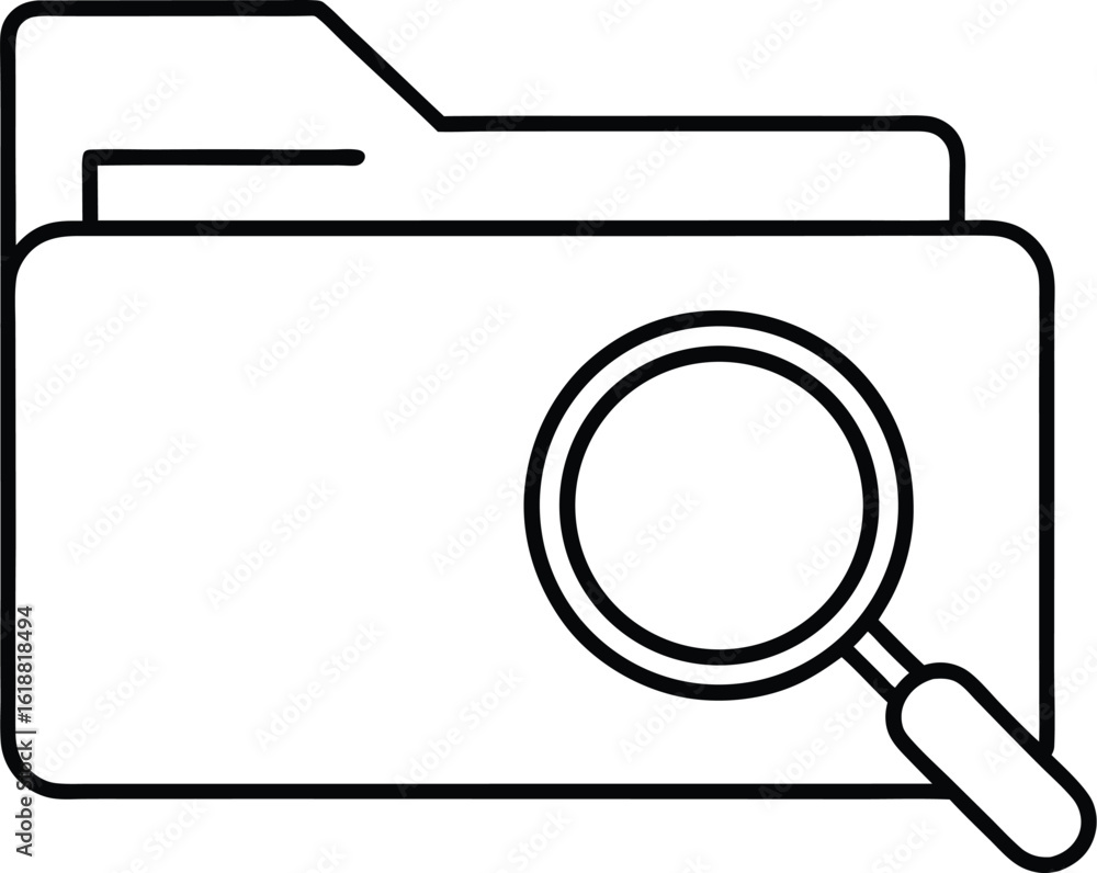 Poster flat line icon of a folder with a magnifying glass isolated on transparent background