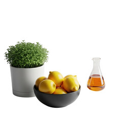 Still life with lemons, plant, and flask isolated on transparent background