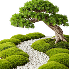 Small bonsai tree with moss and stones isolated on transparent background