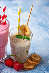 Milkshake from strawberry, banana and chocolate