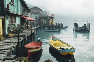 Small coastal village with bright boats resting at harbor