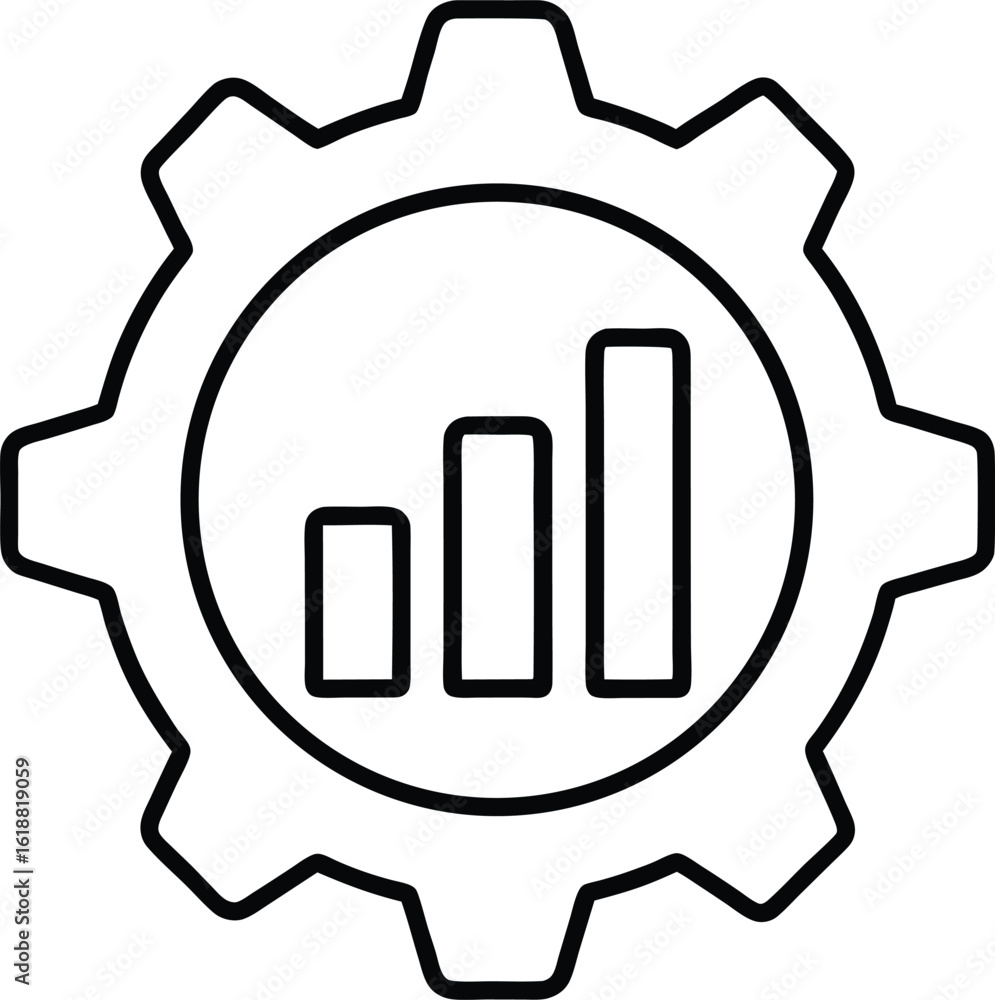 Poster minimal line icon of a gear with a bar graph overlay isolated on transparent background