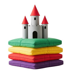 Toy castle on stack of colorful cushions isolated on transparent background