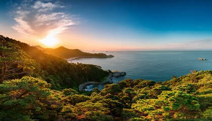 beautiful coastal scenery featuring a lush green forest and a tranquil ocean during sunset a peaceful and natural setting perfect for nature photography or landscape appreciation