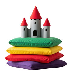 Toy castle on stack of colorful pillows isolated on transparent background