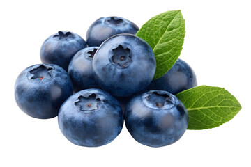 Fresh Blueberries with Green Leaves on Transparent Background
