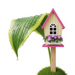 Cute birdhouse with leaf and flowers isolated on transparent background