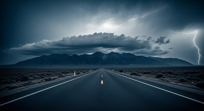 Long road ahead landscape photography with storm clouds and lightning strikes travel and adventure scenic view