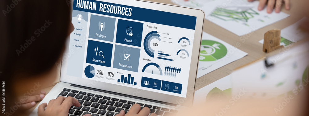 Poster human resources management software on computer screen helping human resources employee to manage re