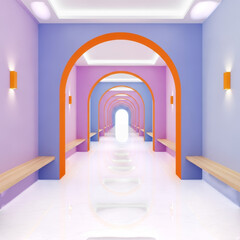 Hallway with arches and pastel colors isolated on transparent background