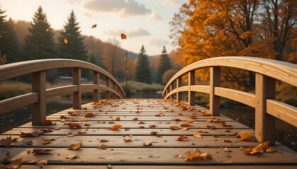 Wooden bridge surrounded by autumn trees crossing a calm river in a peaceful park setting