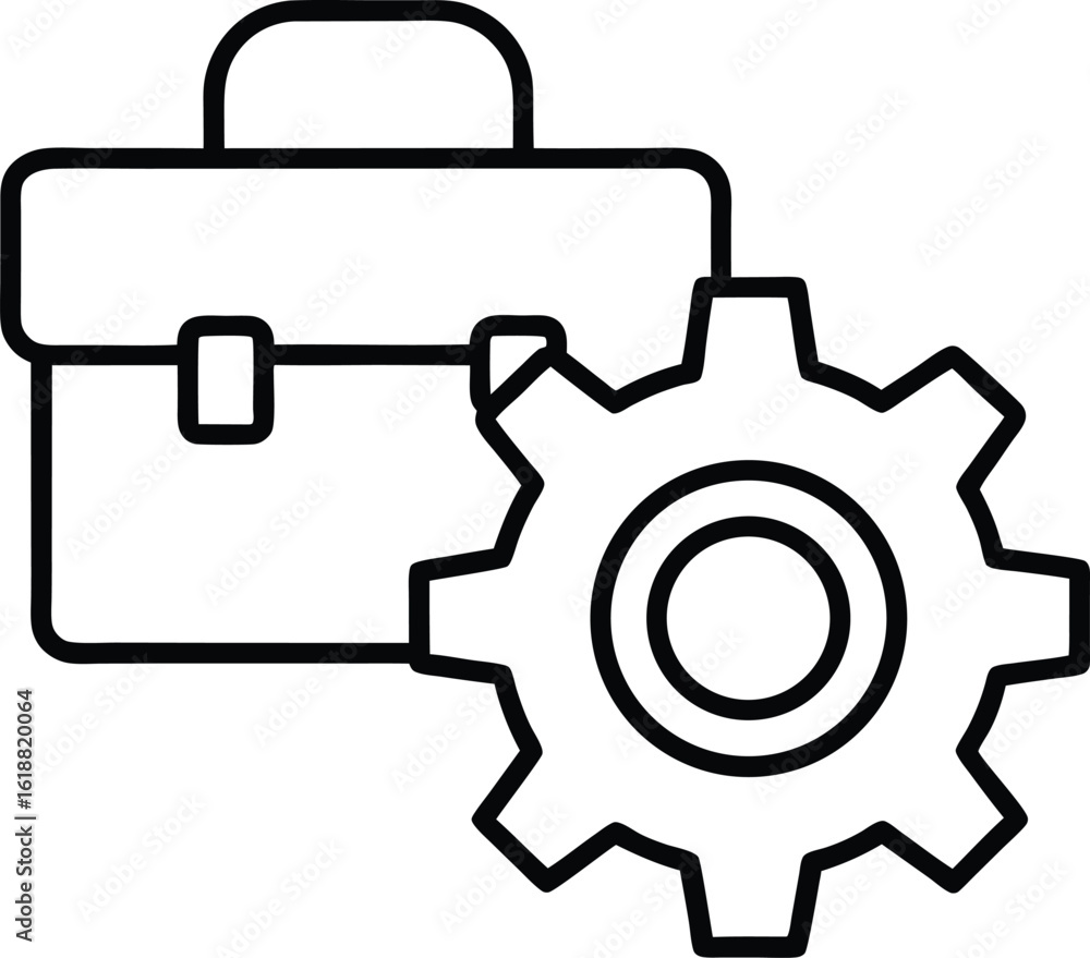 Poster line art icon of a gear with a toolbox beside it isolated on transparent background