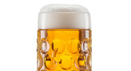 Refreshing lager brew in a dimpled glass stein with frothy head ready to drink and enjoy the taste on transparent background