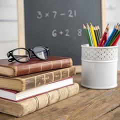 A neatly arranged collection of educational items on a wooden surface. In the foreground, there is a stack of four old books, with a pair of black-framed eyeglasses resting on the top book.