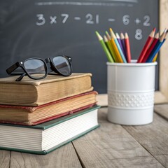 A wooden desk with a stack of old books, a pair of glasses resting on top, and a white cup filled with colorful pencils. In the background, there is a chalkboard.