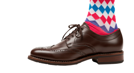 Stylish leather dress shoe with colorful argyle sock fashion footwear for men formal wear outfit on transparent background
