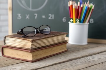 A neat arrangement of school-related items on a rustic wooden desk. In the foreground, a stack of four old books with worn covers is topped with a pair of black-framed eyeglasses.