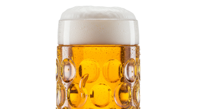 Refreshing lager brew in a dimpled glass stein with frothy head ready to drink and enjoy the taste on transparent background
