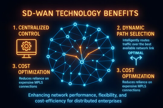 SD-WAN Benefits Infographic with Bandwidth Optimization and Cloud Connectivity for IT Infrastructure Presentations