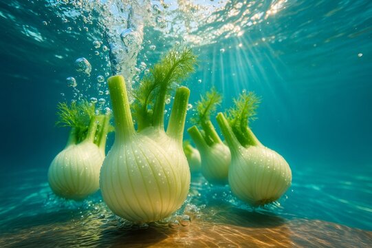 Fresh fennel bulbs splashing in clean water with air bubbles and sunbeams