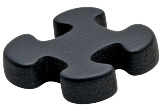 A black puzzle piece with a unique shape, featuring rounded edges and a matte finish.