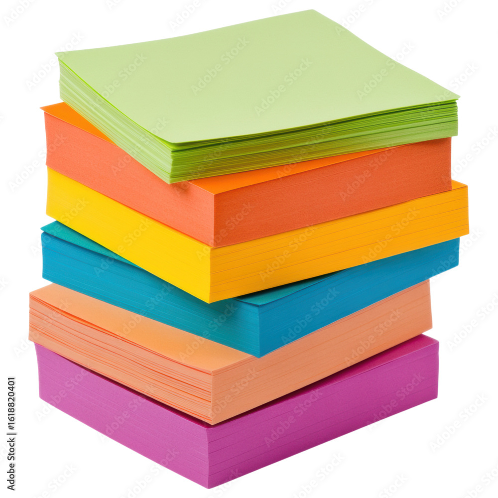 Poster a vibrant stack of multicolored sticky notes arranged neatly, showcasing various hues and sizes.