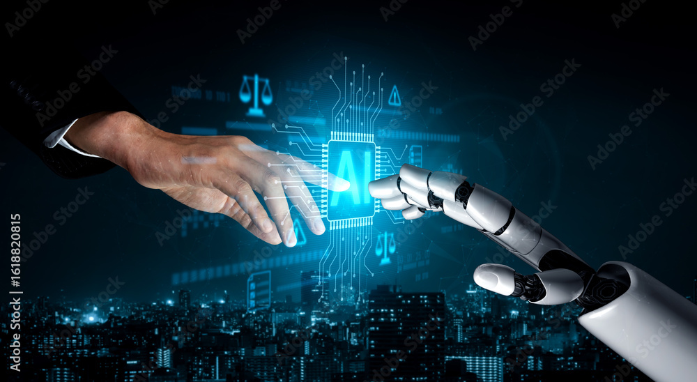 Poster ai-generated image showing artificial intelligence control system with legal balance, cybersecurity 