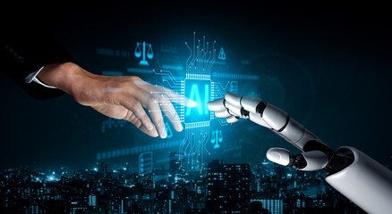 AI-generated image showing artificial intelligence control system with legal balance, cybersecurity...