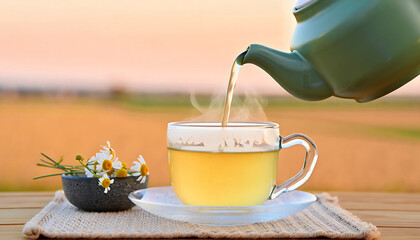 Cup of tea and coffee with mint leaves and flowers on table
