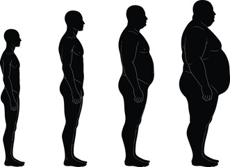 Human body mass index (BMI) progression, illustrating healthy, overweight, and obese stages, a visual representation of weight gain and health transformation for medical and educational purposes.