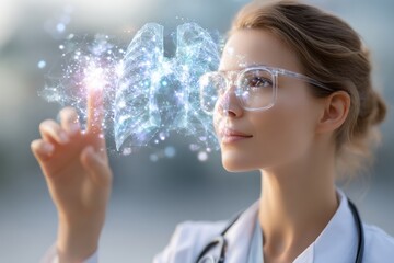 Doctor's Vision of the Future: A dedicated medical professional, radiating competence and insight, examines a luminous, futuristic representation of the respiratory system.