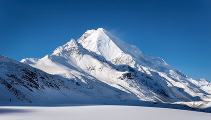 Obraz premium a snowy mountain peak with a clear blue sky above casting shadows on the white slopes below the peak is sharp and bright against the clear blue sky with shadows creating depth