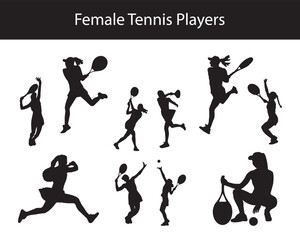 Collection of Active Female Tennis Player Silhouettes – Serving, Hitting, and Preparing for the Game

